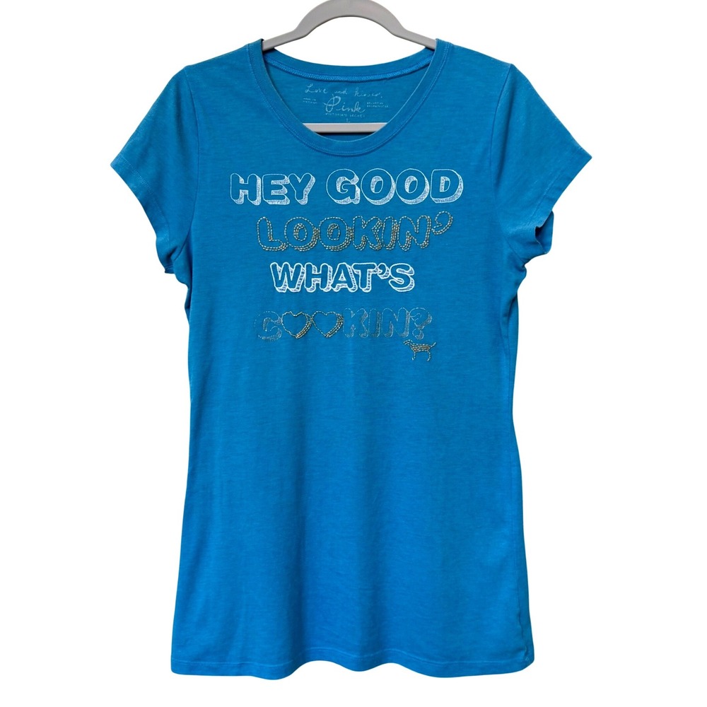 Y2K Victorias Secret PINK Blue Hey Good Lookin Graphic Tee Shirt Beaded Hearts L